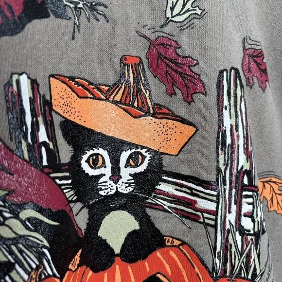 Vintage Halloween Sweatshirt Women’s Large Black Cat Pumpkin Scarecrow 80/90s - Picture 2 of 16